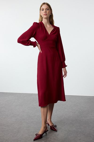 Trendyol Collection Rochie țesătă midi cu detaliu de corset cu deschidere în talie burgundă TWOAW25EL00366