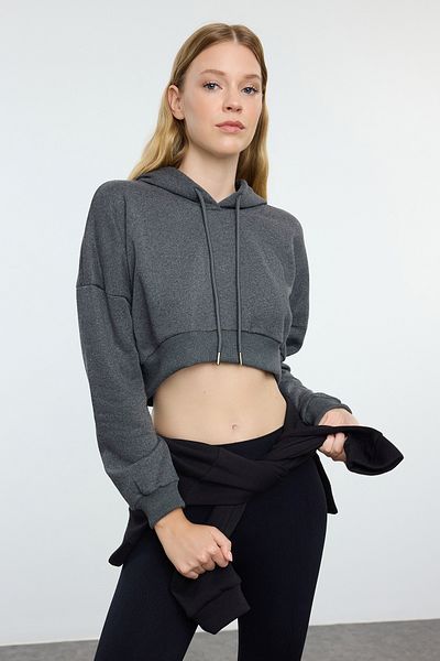Trendyol Collection Fleecová antracitová sportovní mikina bavlna Crop s kapucí - Twoaw21Sw0662