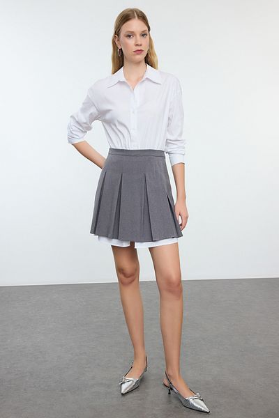 Trendyol Collection Gray Mini Skater Shirt Dress - Pleated Skirt, Woven, Twoaw25el00273