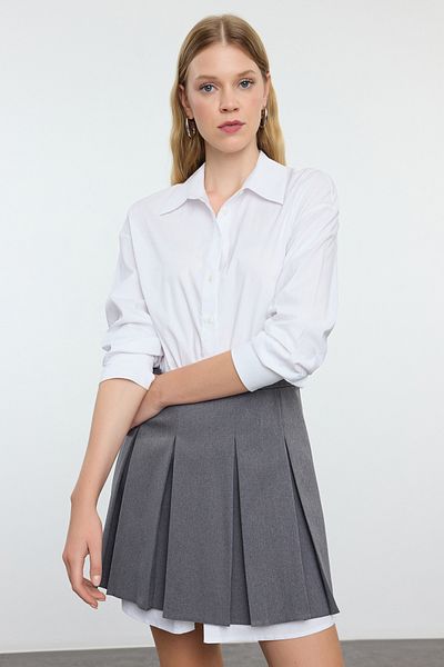 Trendyol Collection Gray Mini Skater Shirt Dress - Pleated Skirt, Woven, Twoaw25el00273