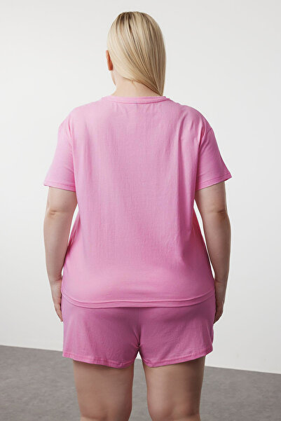 Trendyol Curve Kötött pizsama szett - rózsaszín macska nyomott TBBSS24AI00117