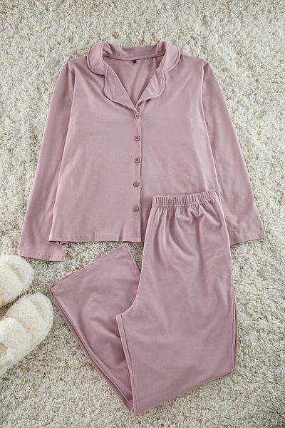 Trendyol Curve Shirt Collar Dark Knitted Pajama Set - Piping TBBAW25AI00009