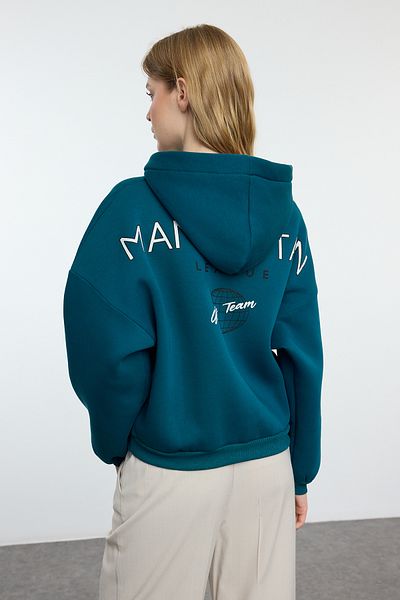 Trendyol Collection Pletená mikina s kapucí v benzínové barvě – fleece, uvnitř silná TWOAW22sw0711