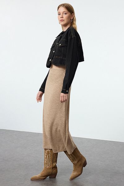 Trendyol Collection High Waist Midi Mink Knitted Skirt - Flared Form, Soft TWOAW24ET00249