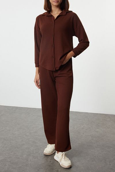 Trendyol Collection Kényelmes vágott barna, rugalmas szálcsiszolt alsó-felső készlet - TWOAW25AU00103