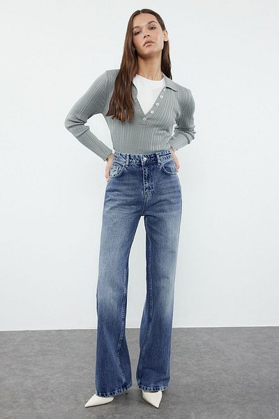 Trendyol Collection Blugi albaștri cu talie înaltă, cu picioare largi, TWOAW25JE00101