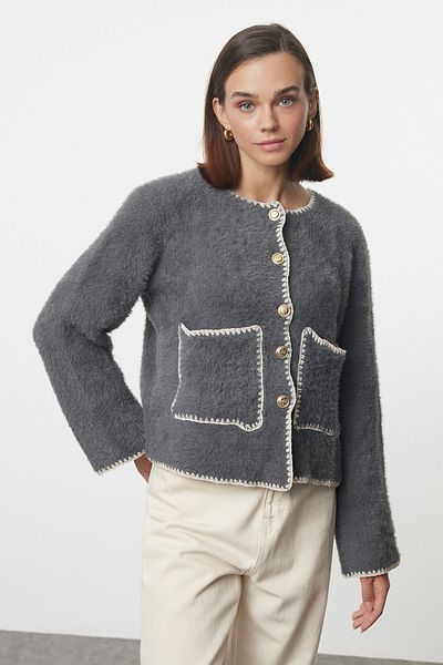 Trendyol Collection Soft Textured Anthracite Knitwear Cardigan - Jacket Look, Furry Twoaw25Hi00009