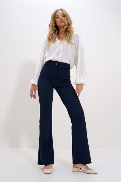 Trend Alaçatı Stili Kadın Lacivert Yüksek Bel Önü Çimalı Bol Paça Likralı Pantolon ALC-X9979