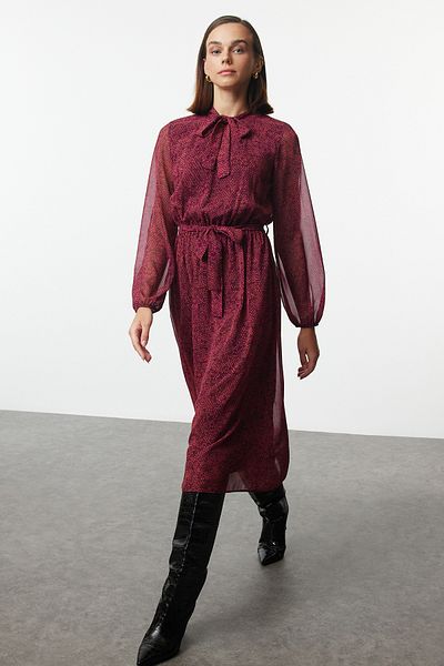Trendyol Collection Φούξια μίντι χειμερινό φόρεμα σε γραμμή Α - ζωικό σχέδιο με φύλλα TWOAW21EL0458