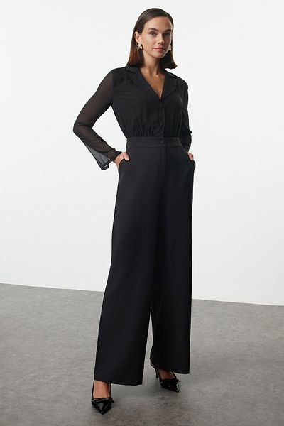 Trendyol Collection Dlouhá černá šifonová kombinéza - Twoaw25tu00008