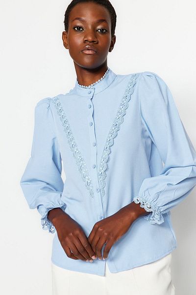 Trendyol Collection Bavlněná světle modrá košile – krajka, tkaná, TWOAW21GO0077