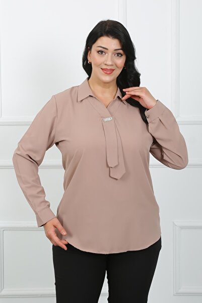 By Alba Collection Kadın Taş Rengi Önü Taş Detay Jessica Kumaş Büyük Beden Gömlek