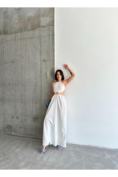 ELBEY Rochie lungă albă - cu șnur și talie și spate decoltat