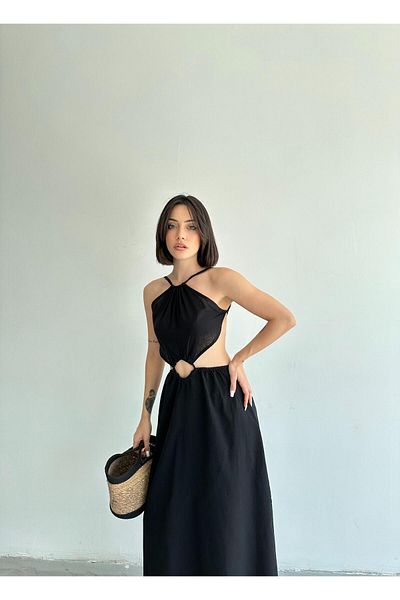 ELBEY Rochie lungă neagră - cu șnur și talie și spate decoltat