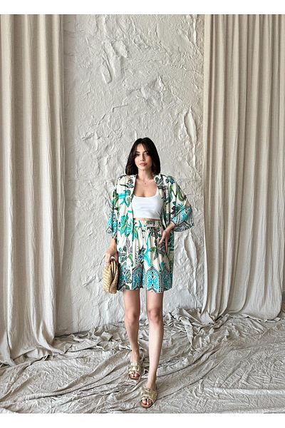 ELBEY Ethnic Patterned Shorts Kimono Set