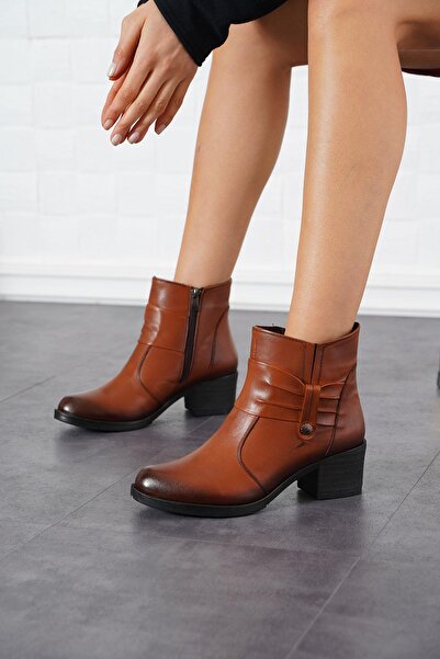 Moda Pie Sene Konç Pileli Kadın Hakiki Deri Bot Taba Cilt