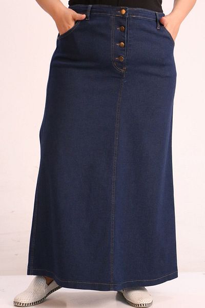 Eslina 45002 Large Size Black Denim Skirt - Buttoned Front