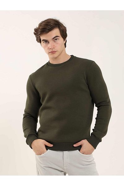 Dufy Khaki Men's Oversize Plain Cotton Crew Neck Sweatshirt -103682