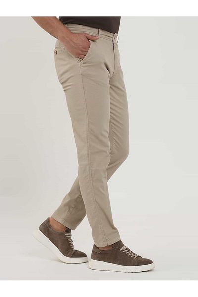 Dufy Men's Slim Fit Cream Casual Trousers - Honeycomb Pattern, Model103204
