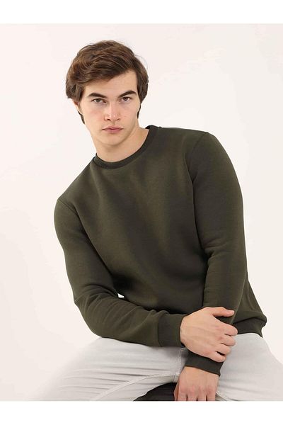 Dufy Khaki Men's Oversize Plain Cotton Crew Neck Sweatshirt -103682