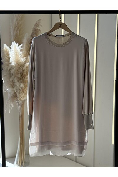 EFRAZE Şifonlu Düz Uzun Kol Bej İçlik 875