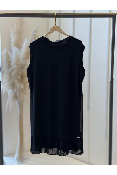 EFRAZE Şifonlu Kolsuz Piliseli Siyah Uzun Tunik 876