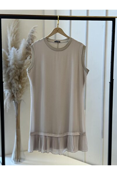 EFRAZE Şifonlu Kolsuz Piliseli Bej Uzun Tunik 876