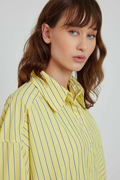 Genel Markalar Kadın Çizgili Oversize Gömlek Sarı