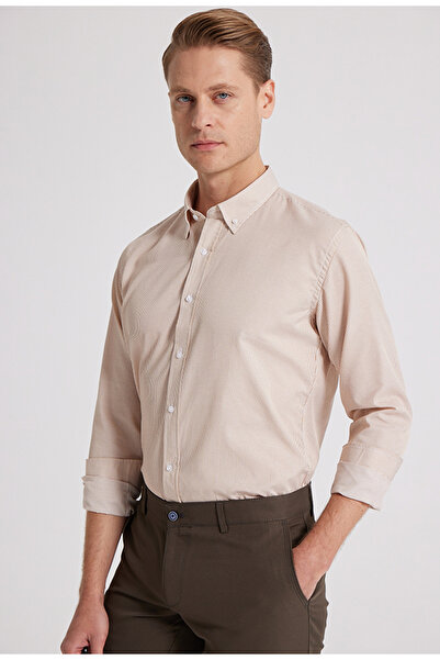 D'S Damat Slim Fit Καφέ ριγέ πουκάμισο