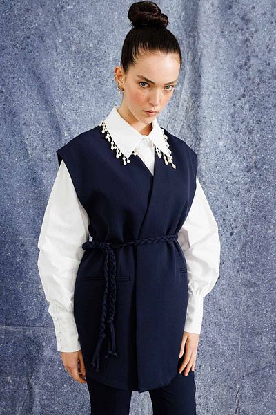 Hooopstore Navy Blue Knitted Belted Trousers Set