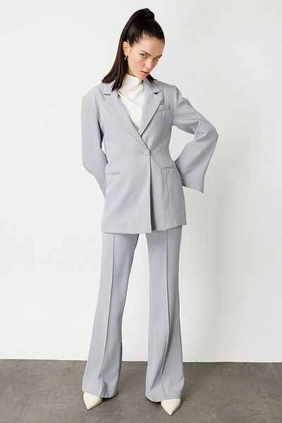 Hooopstore Gray Single Button Double BreastedBlazerJacket