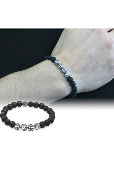 Happymodds Ortası Çizgili Oniks Metal Kombinli Kişiye Özel Isim Yazılı Küre Kesim Doğaltaş Bileklik