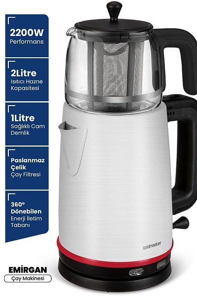GOLDMASTER Emirgan Inox 2200 Watt Large Chamber Stainless Steel Tea Maker and Kettle