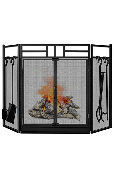 WOODSHUT Metal 5 Parça Katlanabilir Kapaklı Şömine Maşa Siperlik Seti Siyah