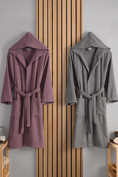 Güvenal Verona férfi és női pamut 2 részes csíkos kapucnis fürdőköpeny szett - hozománykészlet