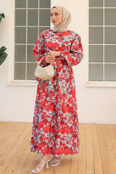 Moka Shopin Gray Red Patterned Mokashopin Dress - 10067.1778