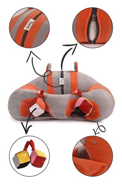 TOKKO Gray Orange Non-Tipping Baby Seat - Baby Sitting Support Cushion with Toys