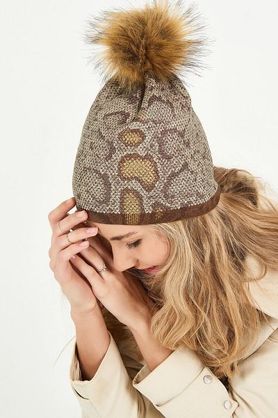 POSUSS Snake Printed Acrylic Women's Beret with Pompom Gray Brown - Ps524