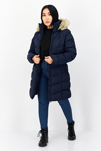 French Connection Women Faux Fur Plain Puffer Jacket, Navy