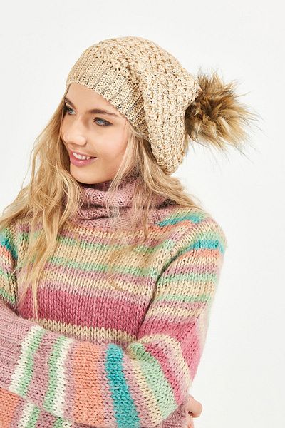 POSUSS Glittery Pompom Acrylic Women's Beanie Beige/copper - Ps344