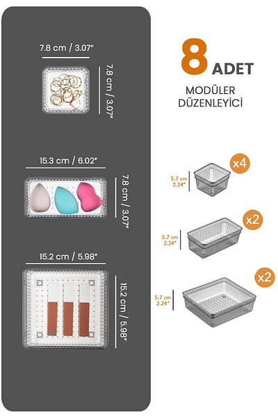 Meleni Home 8-piece Anthracite Drawer Organizer - Cosmetic Jewelry and Makeup Cabinet Organizer