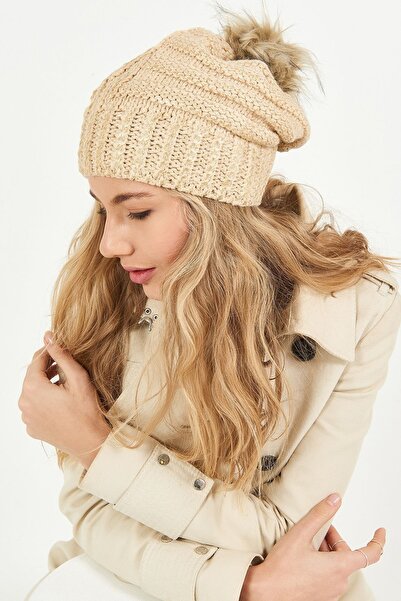 POSUSS Simli Ponponlu Akrilik Kadın Bere Bej Altın - Ps454