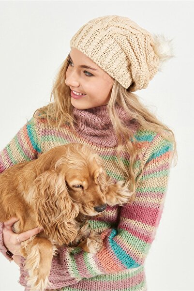 POSUSS Simli Ponponlu Akrilik Kadın Bere Bej Yağ - Ps455