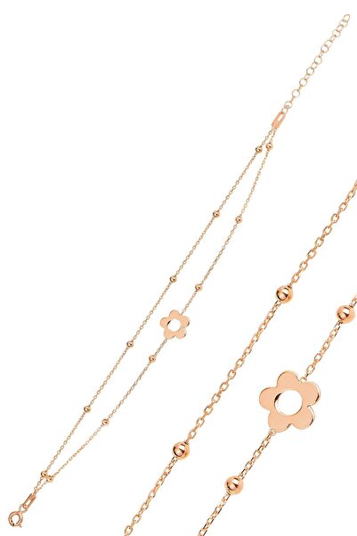 Söğütlü Silver Gümüş rose top top çift zincirli çiçek bileklik SGTL12278ROSE