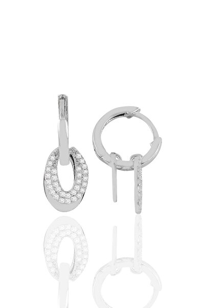 Söğütlü Silver Gümüş Rodyumlu Zirkon Taşlı Oval Sallantılı Halka Küpe Sgtl111...