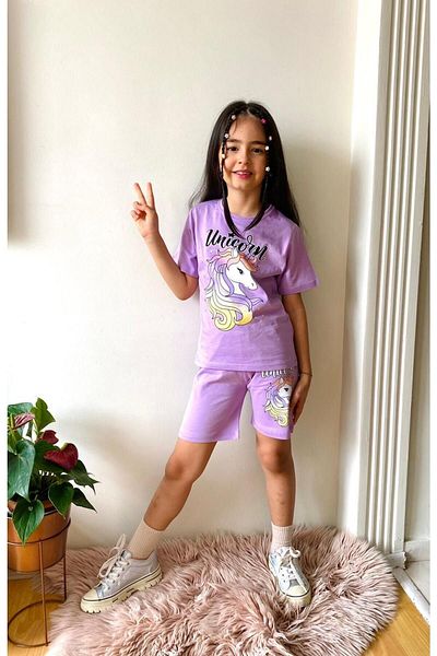 LİLLYPİCCA Girl's 2-Piece Cotton Combed Cotton Set with Unicorn Patterned Shorts