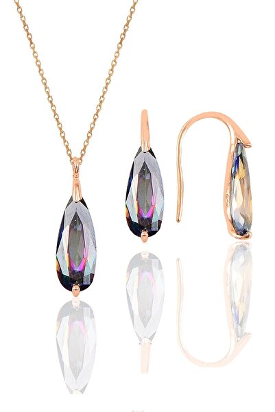 Söğütlü Silver Gümüş Rose Mistik Taşlı Damla Kolye Ve Küpe Ikili Gümüş Set Sg...