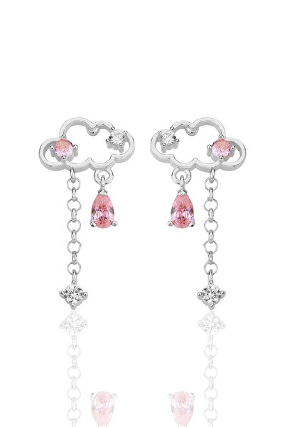 Söğütlü Silver Gümüş rodyumlu pembe zirkon taşlı bulut küpe SGTL12347RODAJ