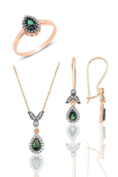 Söğütlü Silver Gümüş Rose Kök Zümrüt Taşlı Damla Üçlü Set Sgtl10988