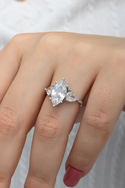 ALYANSEVİM Damla Kesim Zirkon Taşlı Gümüş Tria Yüzük